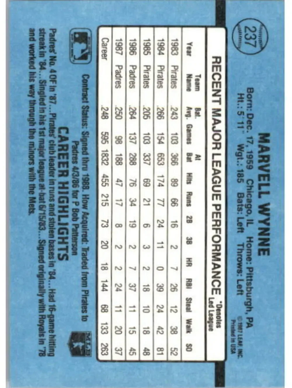 1988 Marvell Wynne Donruss Baseball Card #237